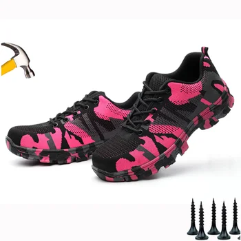 Cor-de-rosa de Camuflagem Mulheres Sapatos de Segurança para o Trabalho Leve, Tamanho 36-48 Respirável Botas de Trabalho de Aço do Dedo do pé Anti Quebra de Calçados de Segurança