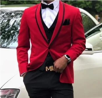 Pedaço de 3 Slim fit Homens Ternos para Casamento Noivo Smoking Personalizado Homem Africano Roupas da Moda Conjunto de Casaco Vermelho Veste com Calças Pretas