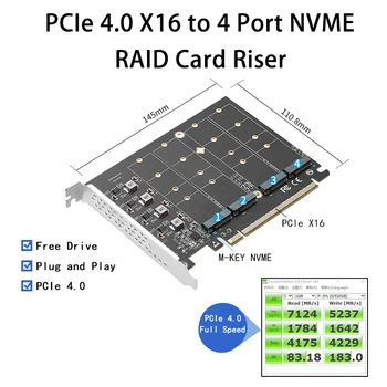 PCIE 4.0 NVME Adaptador PCI Express x16 para 4 Porta M. 2 M-Chave NVME SSD Cartão de Expansão de Elevação, Velocidade máxima 256G Apoio Bifurcação Raid