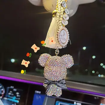 Carro Bling Espelho Retrovisor Acessórios Urso Bonito Diamante de Cristal Auto Espelho de Vista Traseira Pingente de Borla Decoração de Interiores para as Mulheres