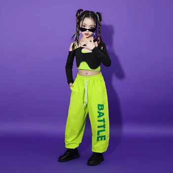 Crianças Adolescentes Hip Hop Roupas De Manga Comprida T-Shirt Superior Streetwear Verde Jogger Calças Para Meninas Dança Jazz Traje Fase De Roupas