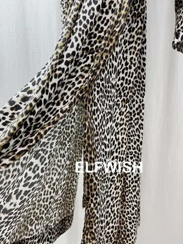 Mulher Moda de estampa de Leopardo MIDI Vestido com decote em V Manga Longa Lados Fendas Retas Vestidos de 2022